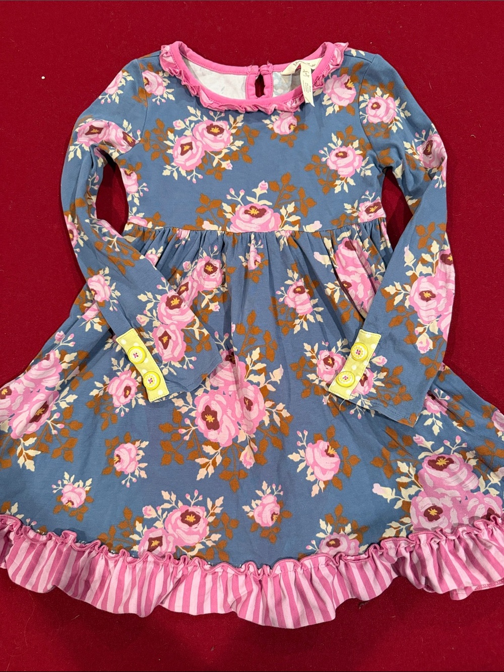 Matilda Jane Blue Floral Long-Sleeve Dress with Pink Trim
